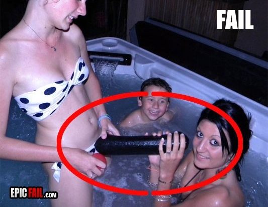 mom laughing with dildo hot tub near son